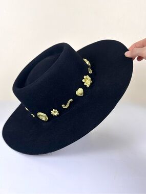 Lack of Color Cosmic Boater Hat Black Wool Gold Charms Sold by Free People